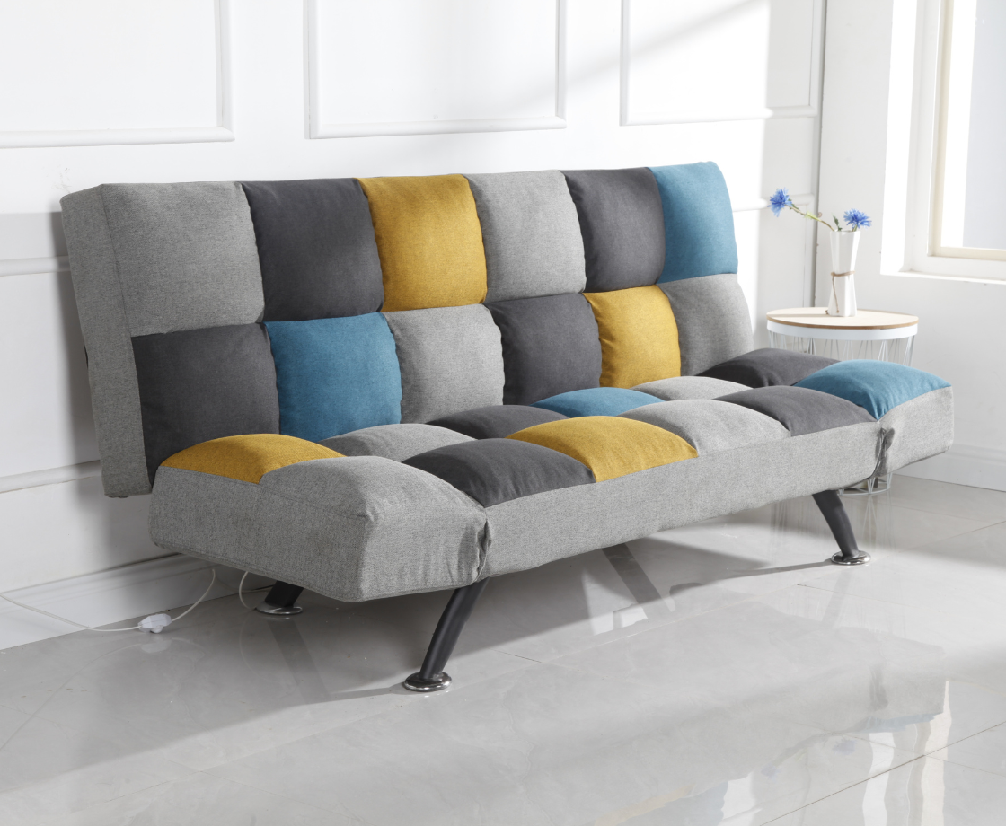 Boston Double Semi Reclined Sofabed - Mustard | Blue Patchwork