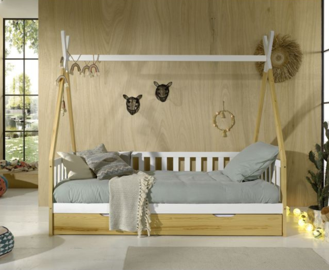 Tipi Bed 90x200cm with gate - White & Oak