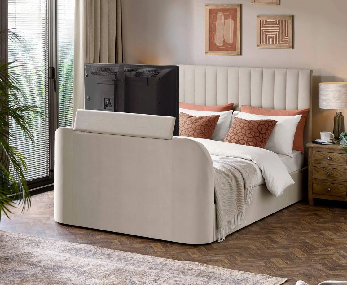 Alaina 5ft Kingsize Side Lift Ottoman TV Bed - Cream