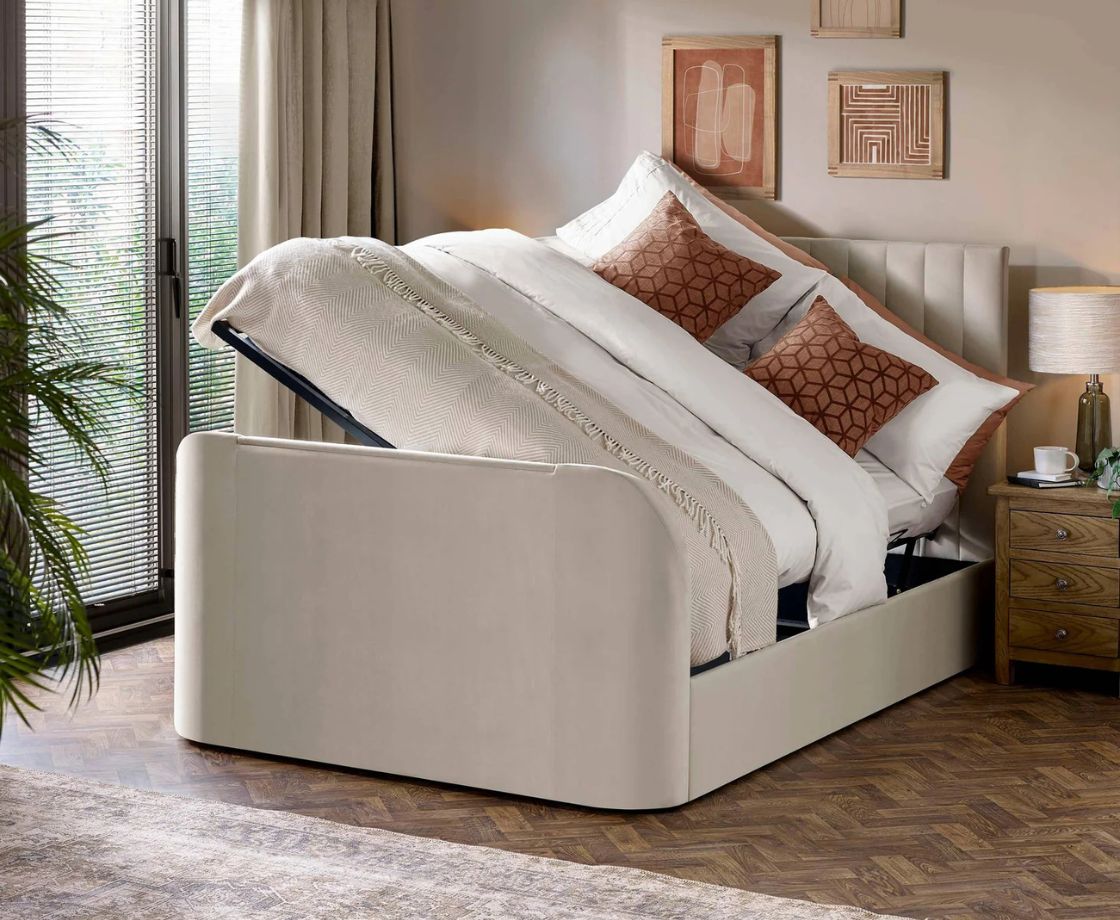 Alaina 5ft Kingsize Side Lift Ottoman TV Bed - Cream