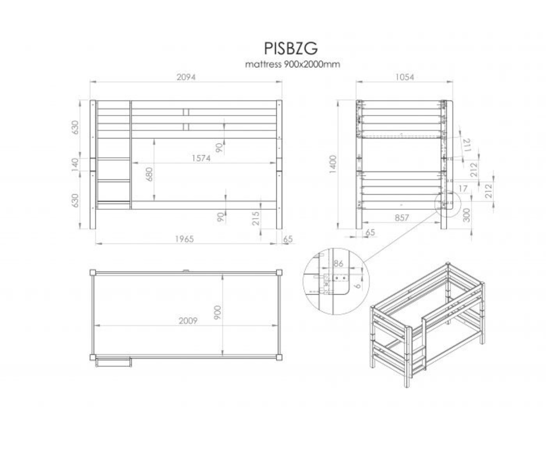 Funkie Bunk Bed 140cm - Grey