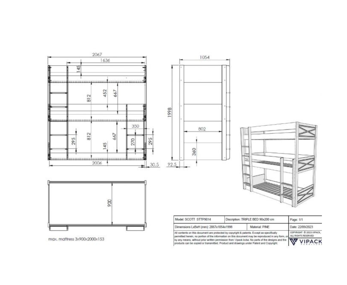 Snowy Triple Bunk Bed 90X200cm - White