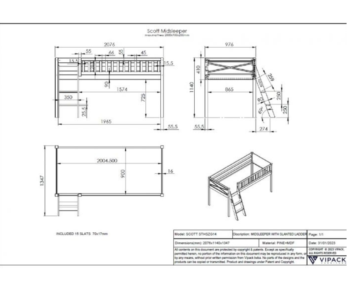 Snowy Midsleeper with Slanted Ladder - White