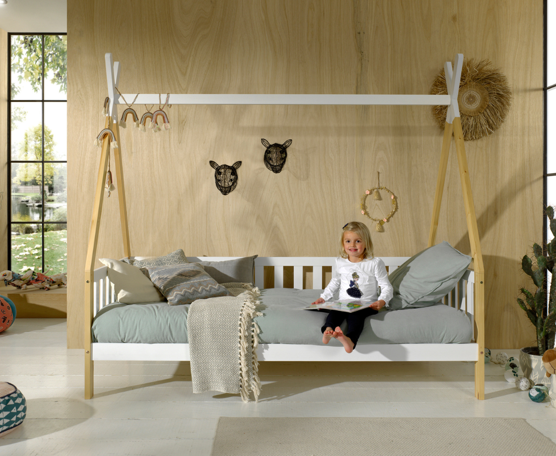 Tipi Bed 90x200cm with gate - White & Oak