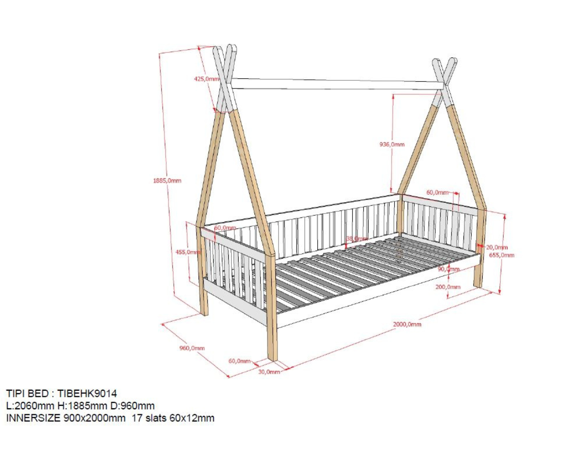 Tipi Bed 90x200cm with gate - White