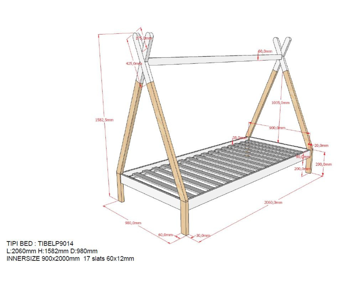 Tipi Bed 90x200cm without gate - White & Oak